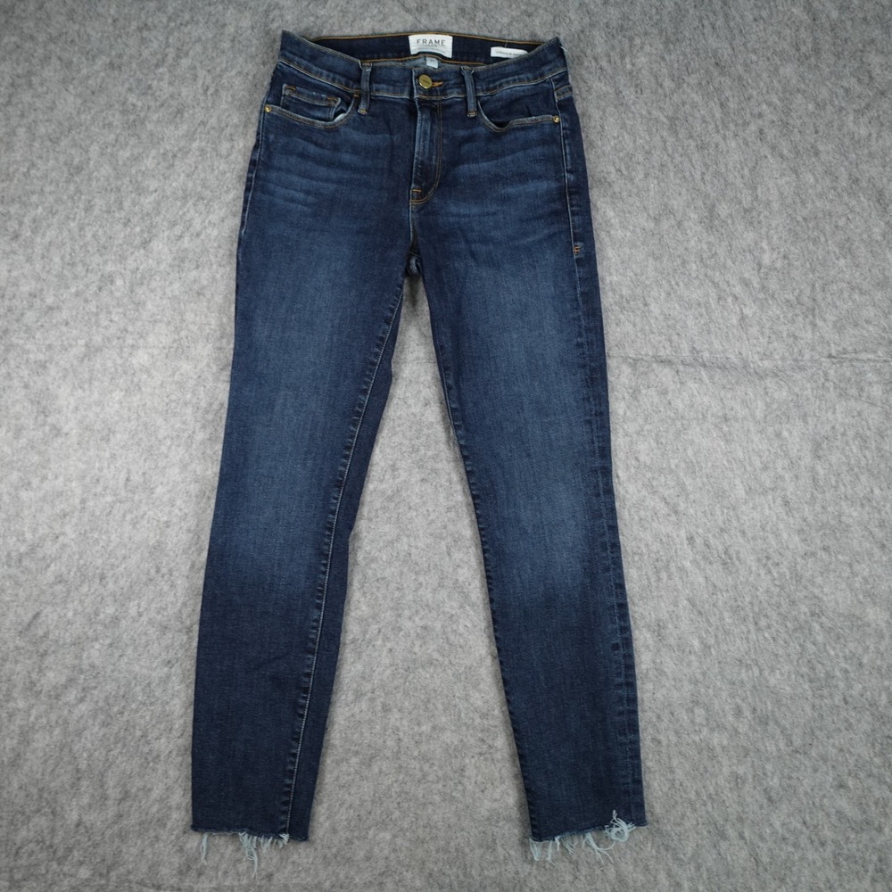 Frame Jeans Women 27 Blue Le Skinny de Jeanne Remi Raw Hem Dark Wash Denim
